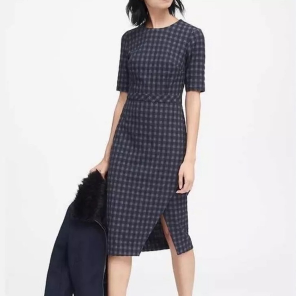 Banana republic bistretch blue and red gingham sheath midi dress 14 tall
